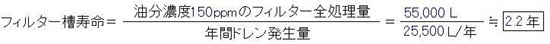 フィルター槽寿命=油分濃度150ppmのフィルター全処理量/年間ドレン発生量=55,000L／25,500L/年≒2.2年