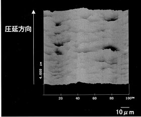 低速圧延/圧延油粘度一定で圧延したアルミ箔表面のAFM像